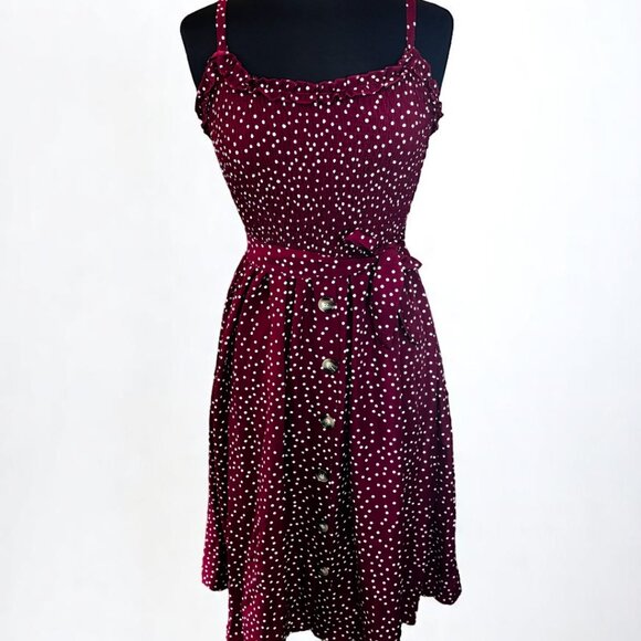 Women Floral Burgundy Ruffled Neckline Sundress - Picture 3 of 9